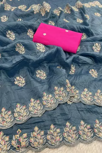 teal gold crush silk multi thread embroidery saree