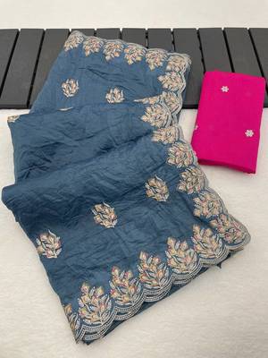 teal gold crush silk multi thread embroidery saree 5