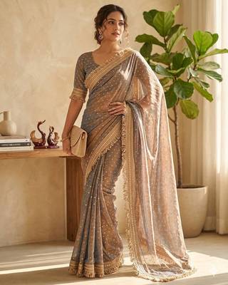 Grey sofl silk butti work partywear saree 1