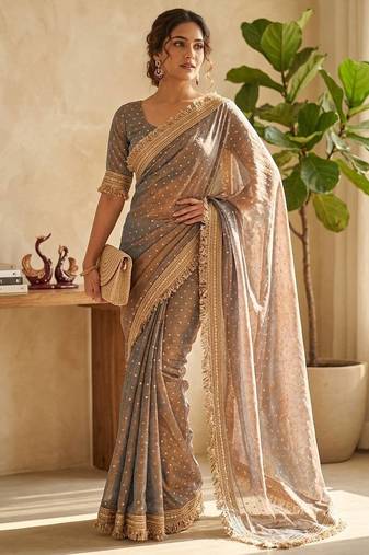 Grey sofl silk butti work partywear saree