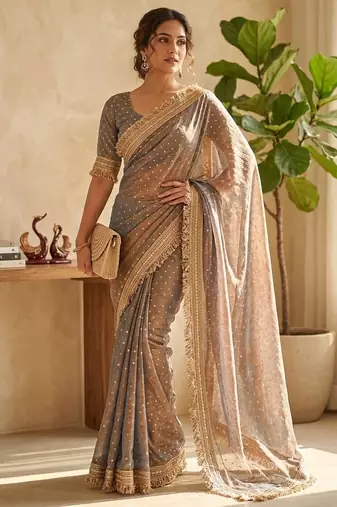 Grey sofl silk butti work partywear saree