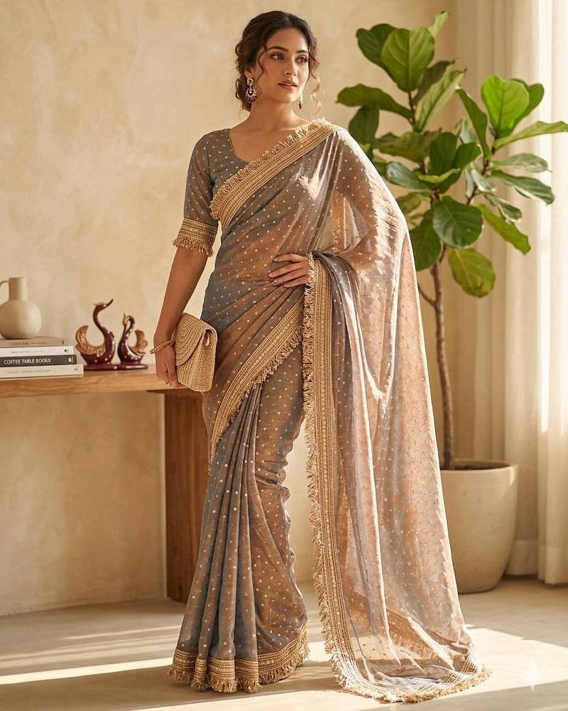 Grey sofl silk butti work partywear saree