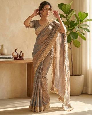 Grey sofl silk butti work partywear saree 2