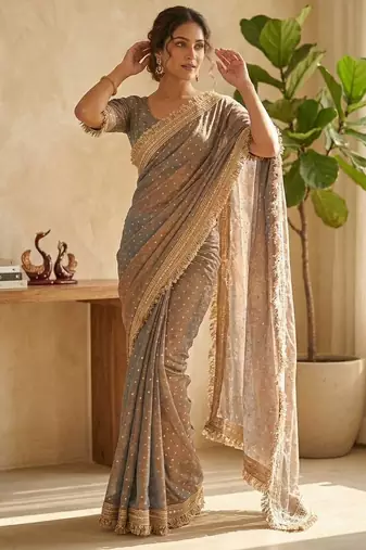 Grey sofl silk butti work partywear saree