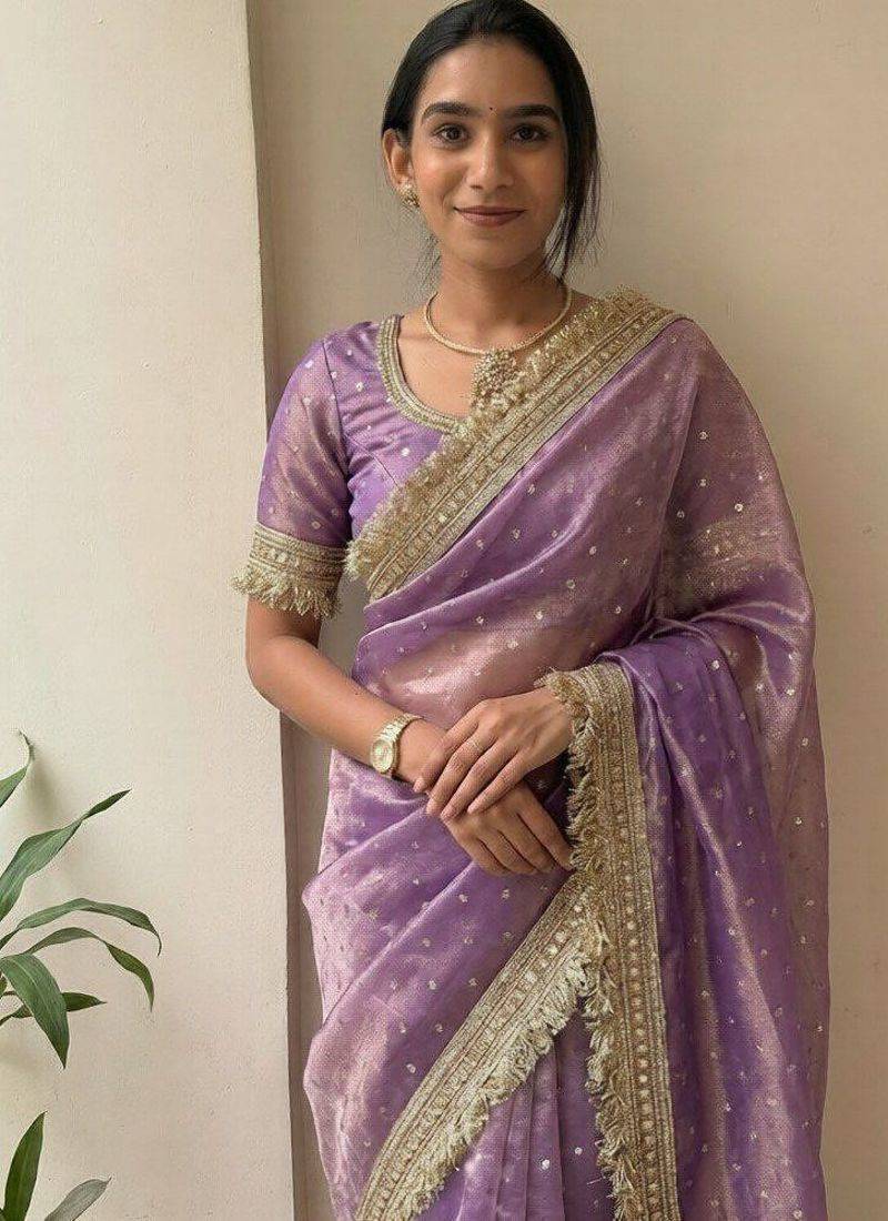 Lavender sofl silk butti work partywear saree