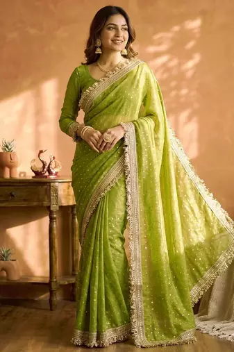 Parrot green sofl silk butti work partywear saree