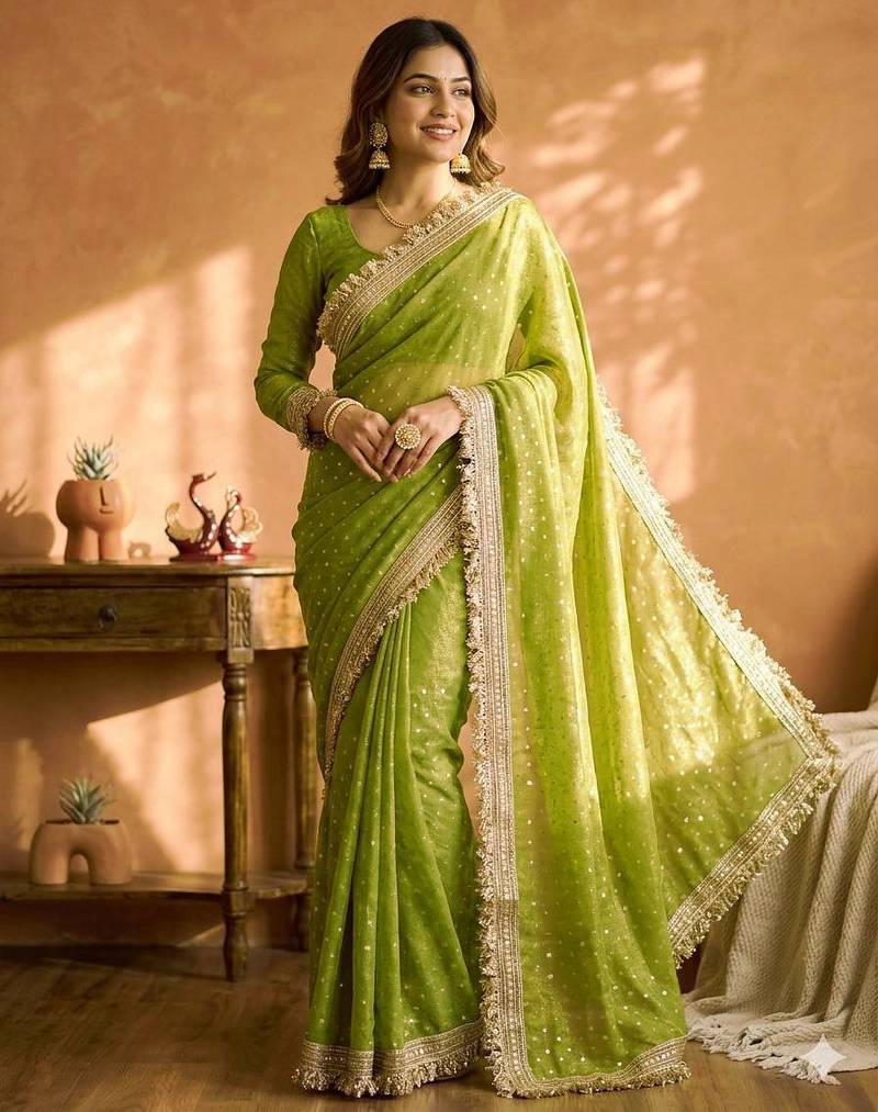 Parrot green sofl silk butti work partywear saree