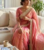 Peach sofl silk butti work partywear saree