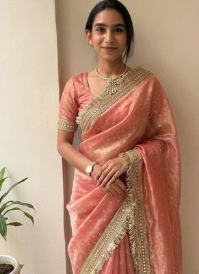Peach sofl silk butti work partywear saree 2