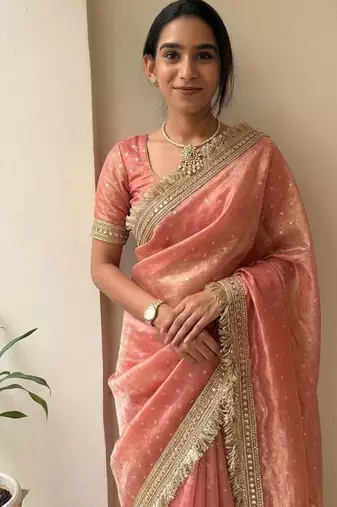 Peach sofl silk butti work partywear saree
