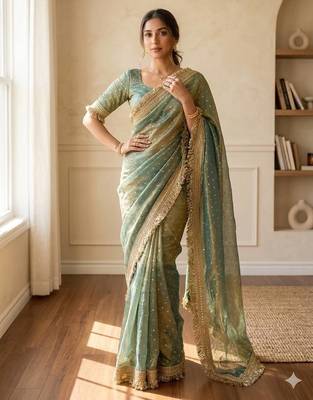 Teal sofl silk butti work partywear saree 1