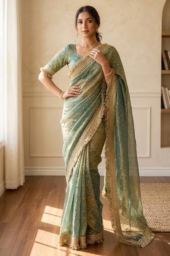 Teal sofl silk butti work partywear saree