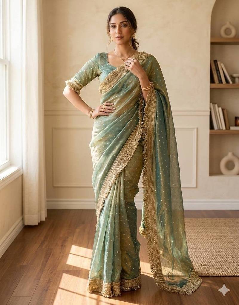 Teal sofl silk butti work partywear saree