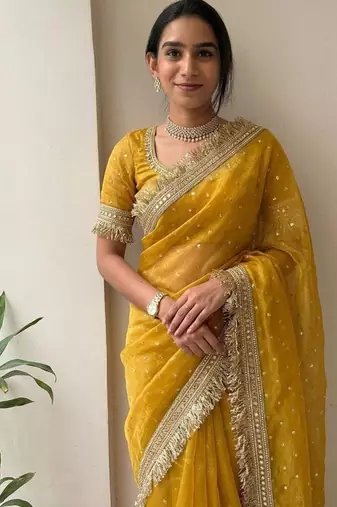 Yellow sofl silk butti work partywear saree