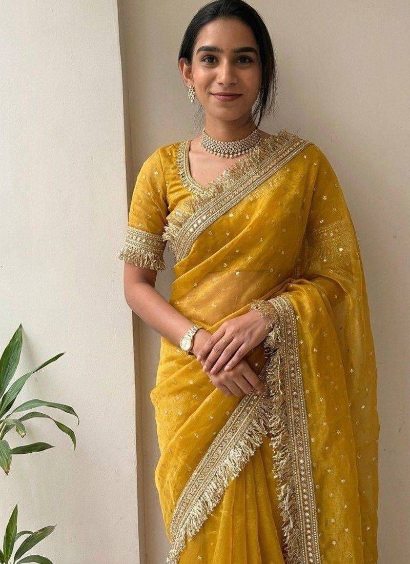 Yellow sofl silk butti work partywear saree