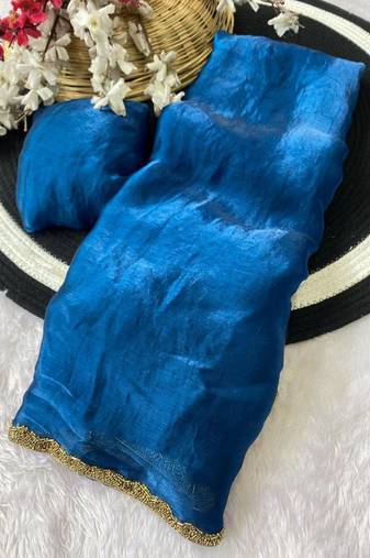 Blue fendy chiffon serosky work party wear designer saree