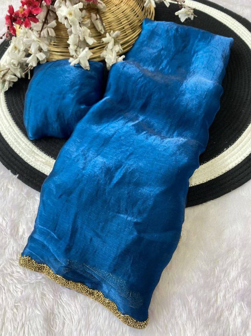 Blue fendy chiffon serosky work party wear designer saree