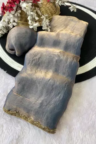 Grey fendy chiffon serosky work party wear designer saree