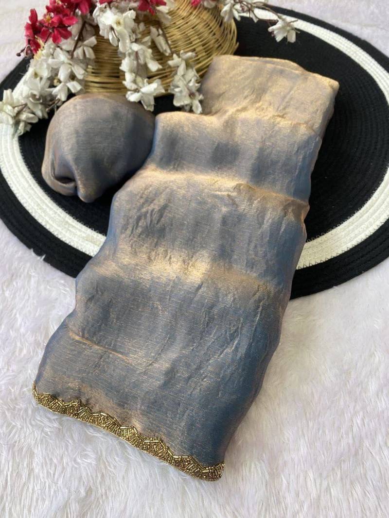 Grey fendy chiffon serosky work party wear designer saree