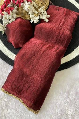 Maroon fendy chiffon serosky work party wear designer saree