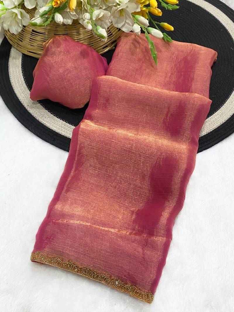 Peach fendy chiffon serosky work party wear designer saree