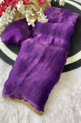 Purple fendy chiffon serosky work party wear designer saree