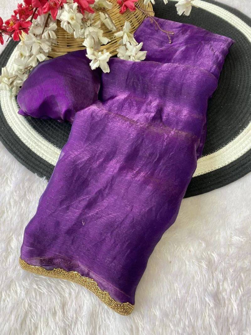 Purple fendy chiffon serosky work party wear designer saree