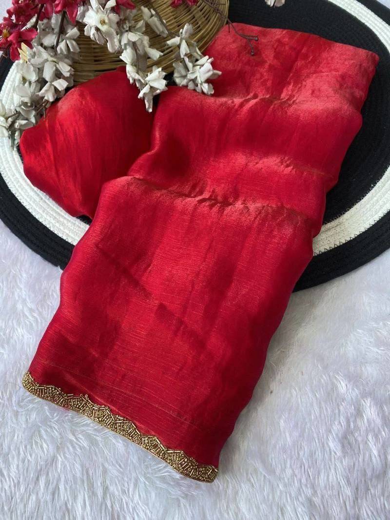 Red fendy chiffon serosky work party wear designer saree