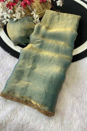 Teal fendy chiffon serosky work party wear designer saree