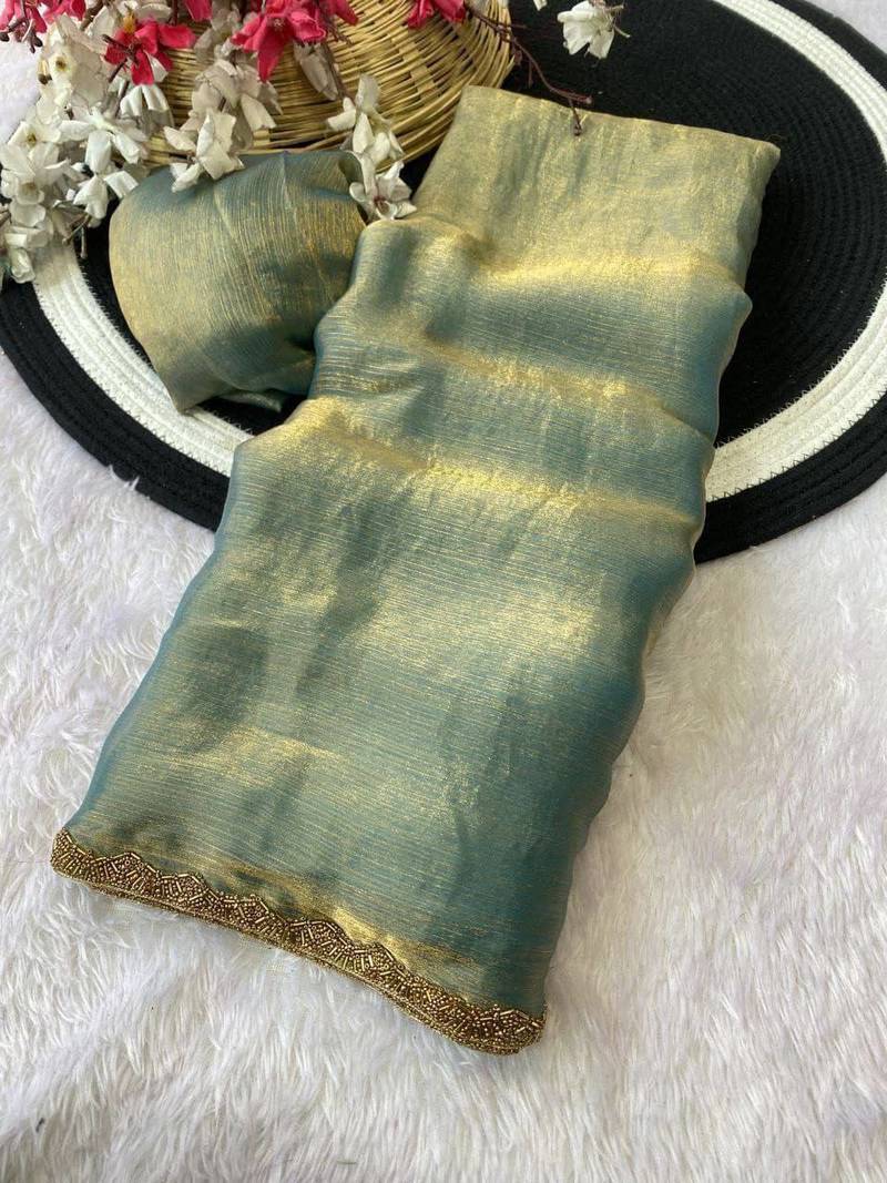 Teal fendy chiffon serosky work party wear designer saree