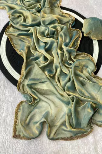 Teal fendy chiffon serosky work party wear designer saree