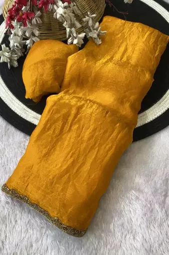 Yellow fendy chiffon serosky work party wear designer saree