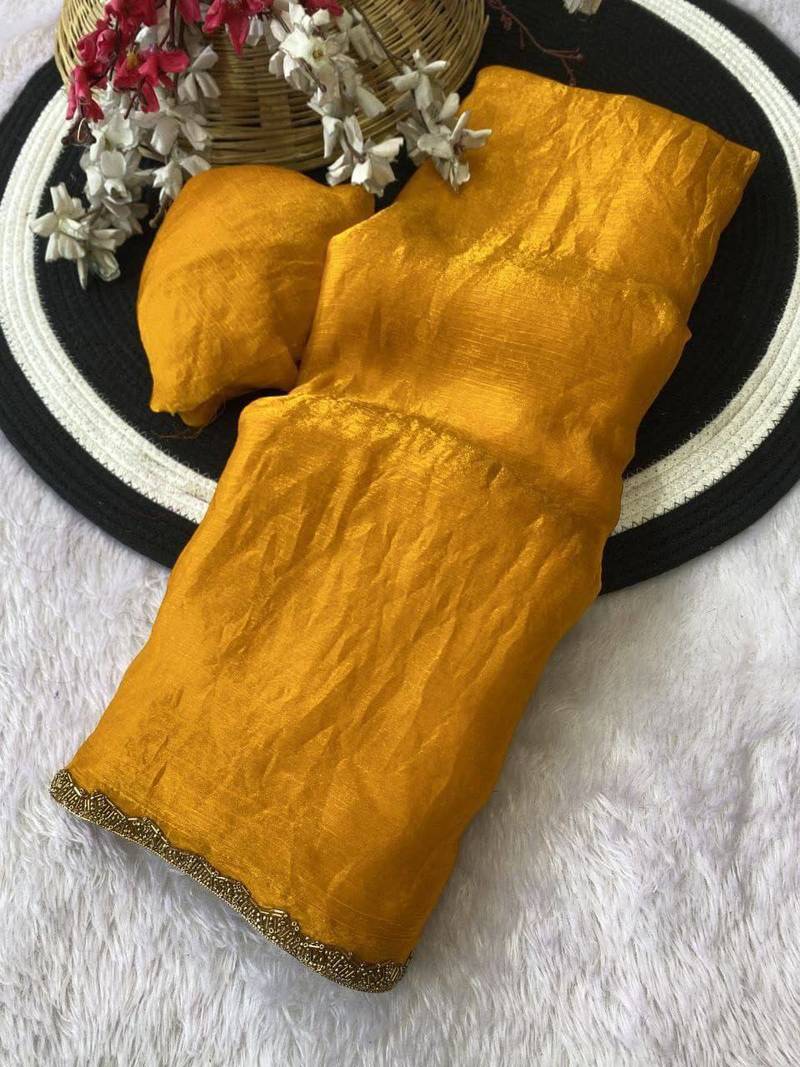 Yellow fendy chiffon serosky work party wear designer saree