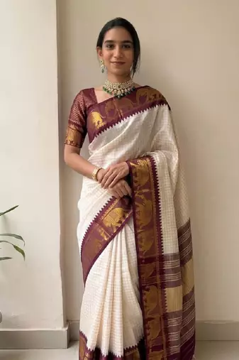 White mercerised cotton silk traditional wear saree