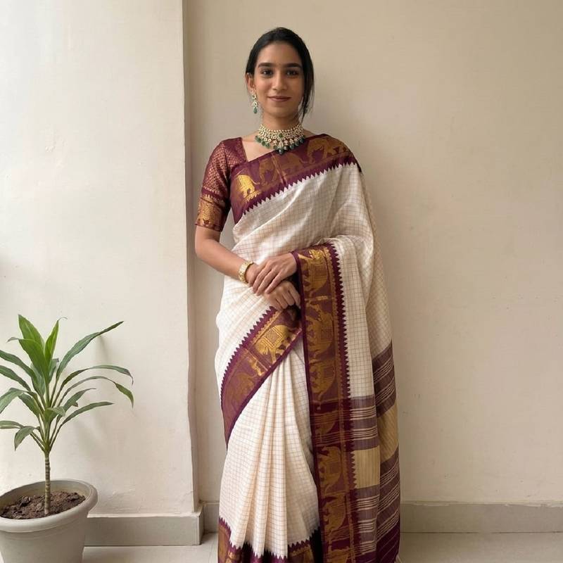 White mercerised cotton silk traditional wear saree