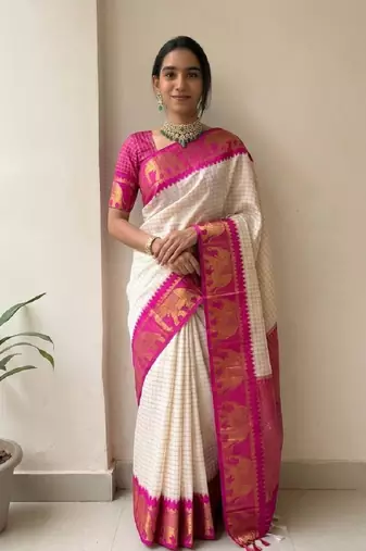 White mercerised cotton silk traditional wear saree