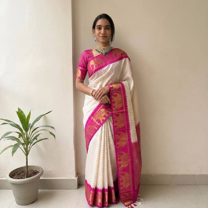 White mercerised cotton silk traditional wear saree