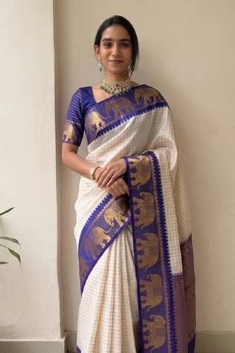 White mercerised cotton silk traditional wear saree