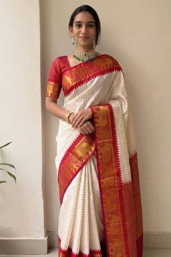 White mercerised cotton silk traditional wear saree