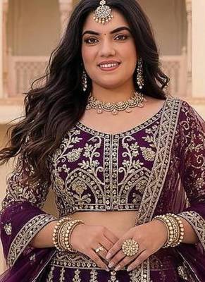 bridal purple net lehenga choli set with sequins and coding embroidery 2