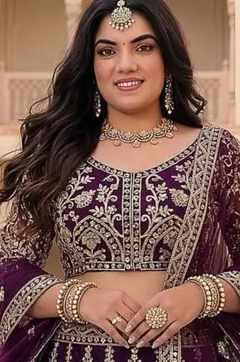 bridal purple net lehenga choli set with sequins and coding embroidery