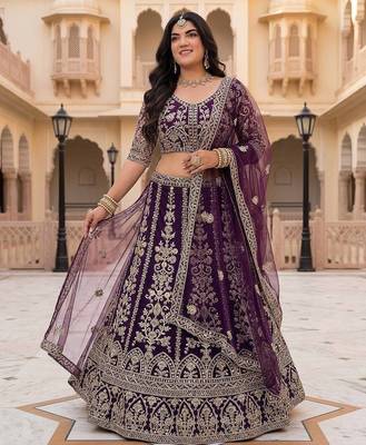 bridal purple net lehenga choli set with sequins and coding embroidery 1