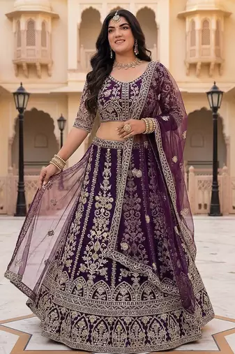 Purple Color Sequins and Codding Embroidery Work Net Lehenga Choli Set