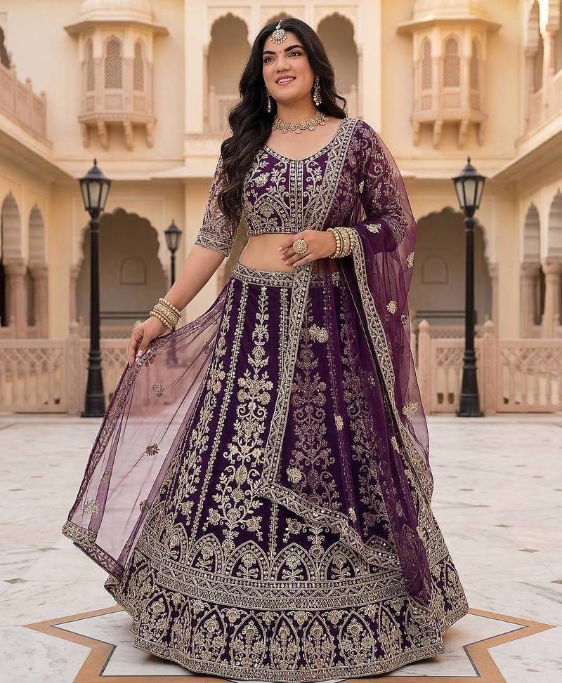 Purple Color Sequins and Codding Embroidery Work Net Lehenga Choli Set