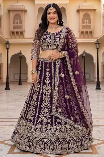 bridal purple net lehenga choli set with sequins and coding embroidery