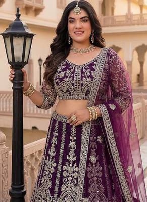 bridal purple net lehenga choli set with sequins and coding embroidery 4