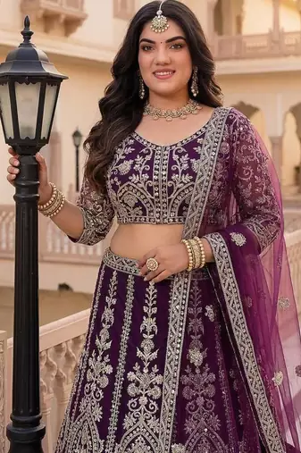 bridal purple net lehenga choli set with sequins and coding embroidery