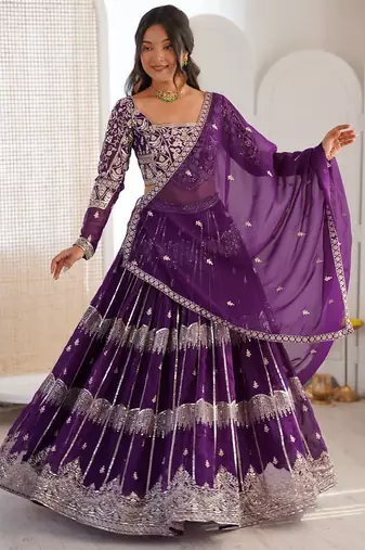 purple a line georgette lehenga choli for wedding