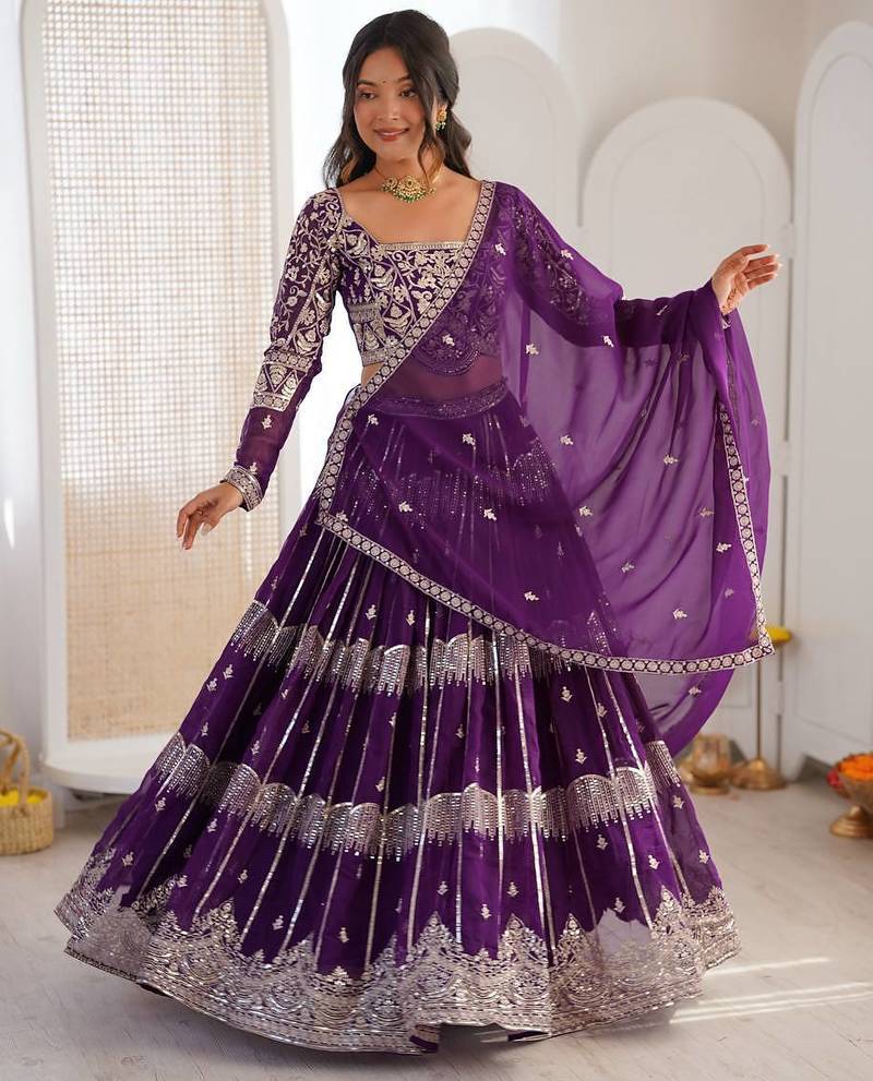purple a line georgette lehenga choli for wedding