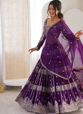 purple a line georgette lehenga choli for wedding 4